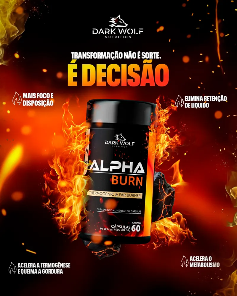 Pote Alpha Burn Dark Wolf Nutrition envolto em chamas