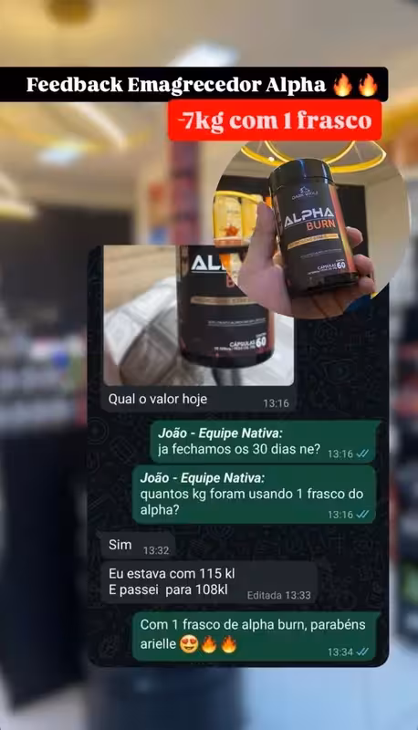 Print de feedback: -7kg com 1 frasco de Alpha Burn